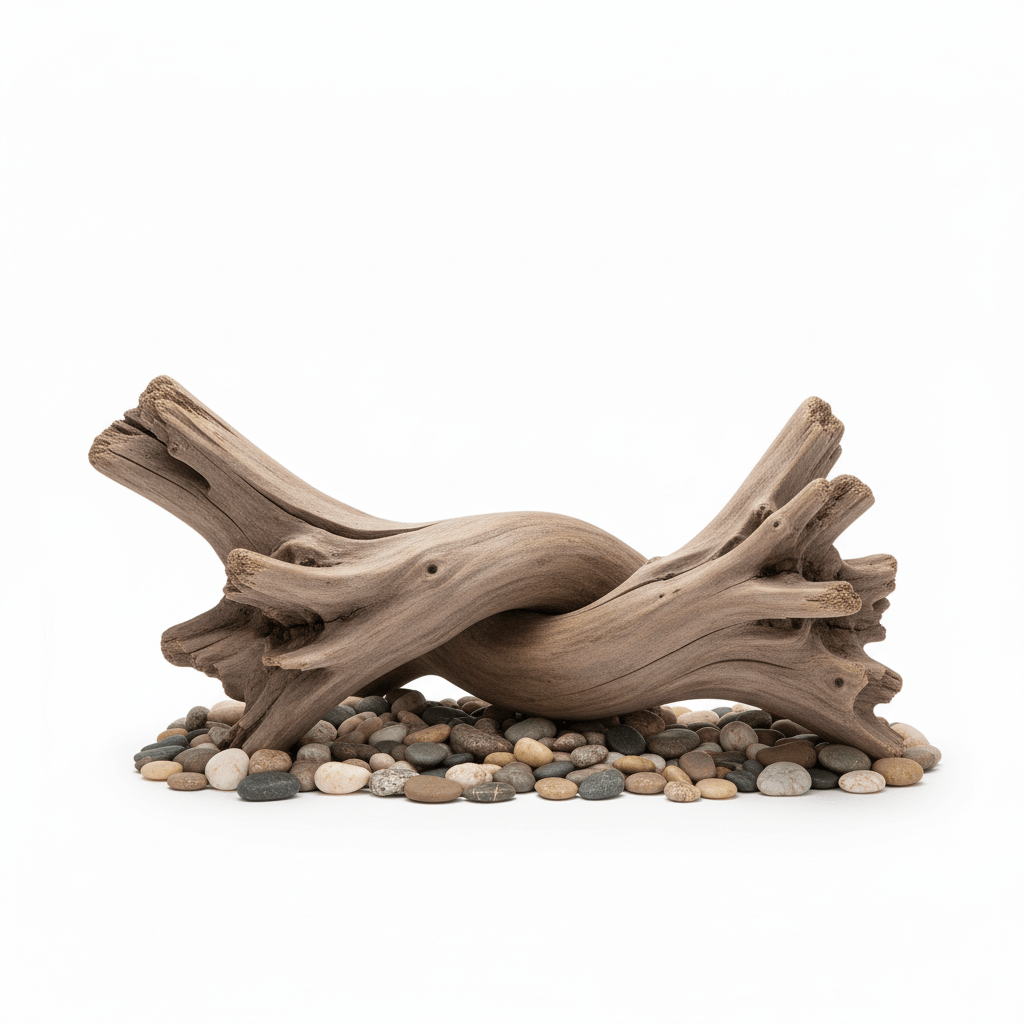Driftwood garden landscaping with pebbles and natural stones