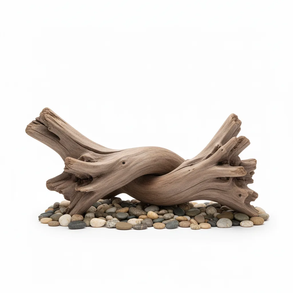 Driftwood garden landscaping with pebbles and natural stones