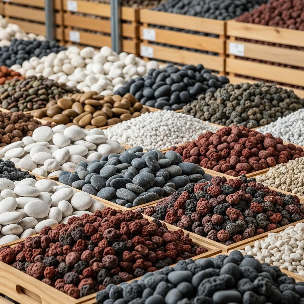 Premium natural pebbles arranged in multiple textures and colors, showcasing South India’s largest pebble inventory.