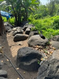 Natural boulders placed in farmhouse landscaping