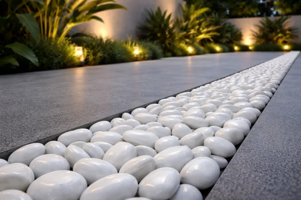White Polished pebbles for minimal landscaping and garden borders in modern Bangalore architecture