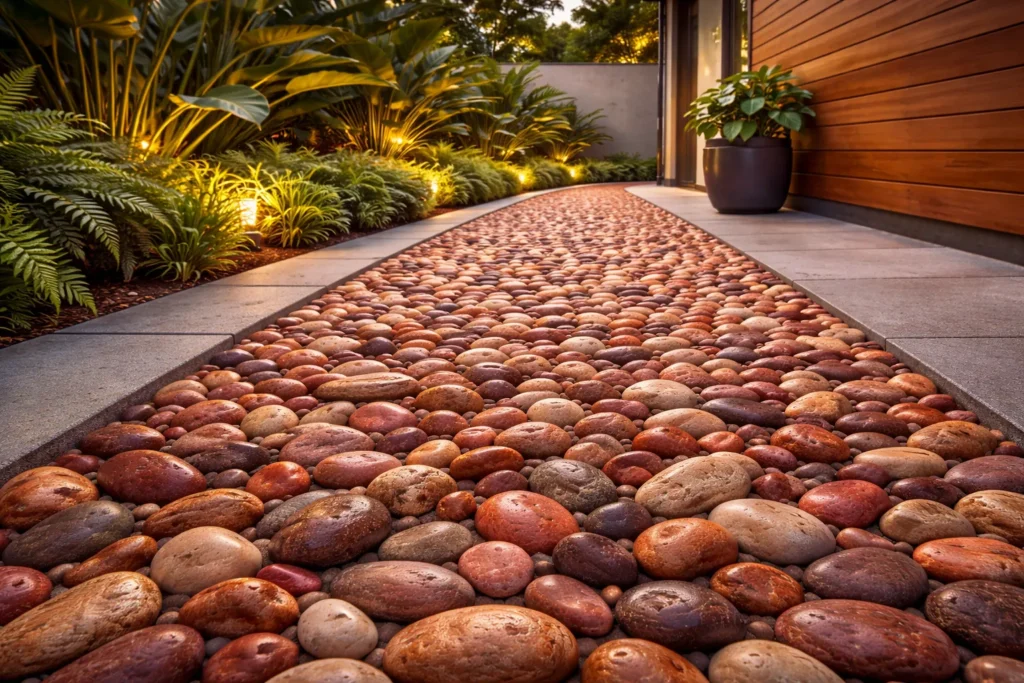 Agra Red vibrant natural pebbles for colorful and warm garden pathways in Karnataka.