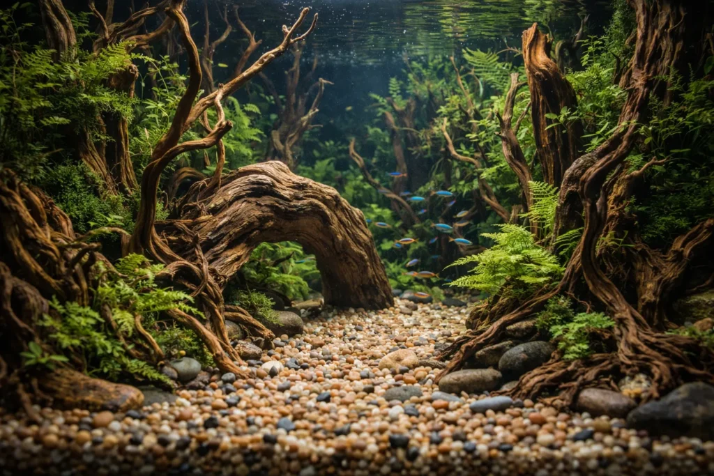 Natural Driftwood and Spiderwood for intricate aquarium landscapes and interior design.