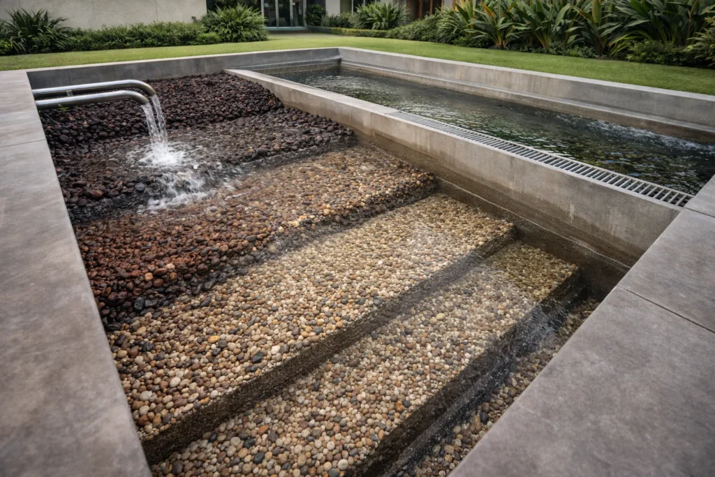 Natural pebbles used as high-quality water filter media for sustainable water management.