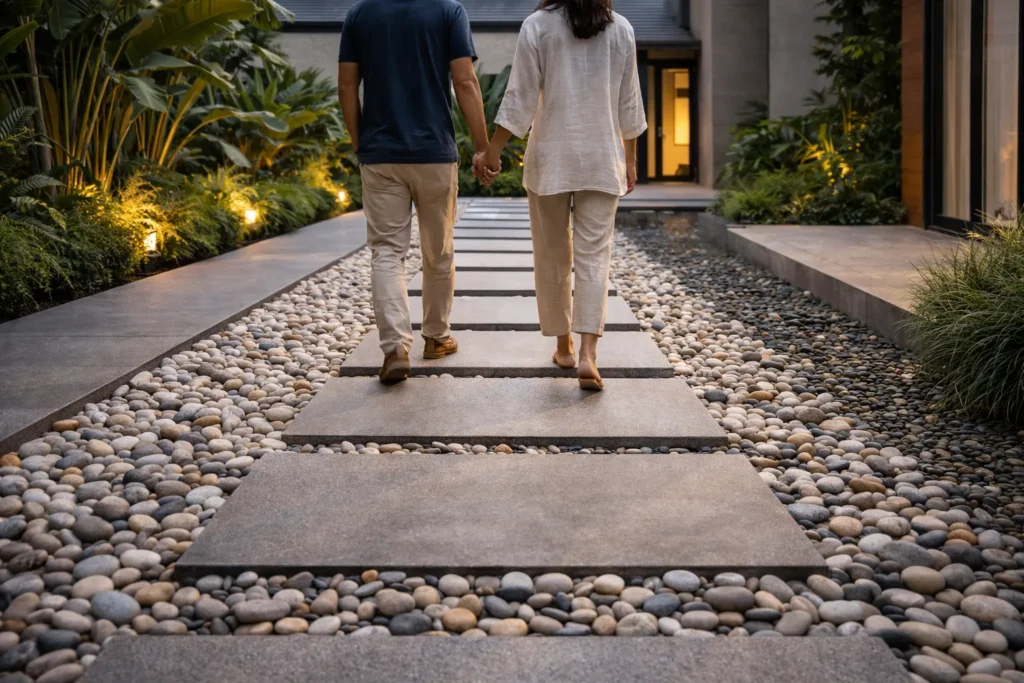 Couple walking hand-in-hand along a modern stepping-stone pathway bordered by smooth natural pebbles, leading to a minimalist contemporary home surrounded by lush greenery.