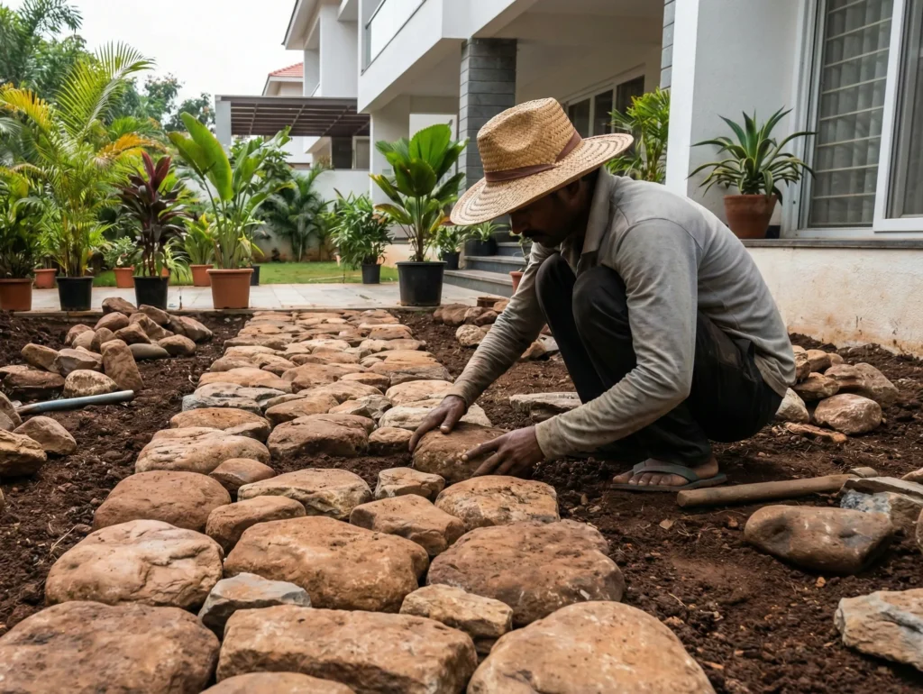 Landscaping contractor installing a rustic natural stone garden pathway for a home in Bangalore.