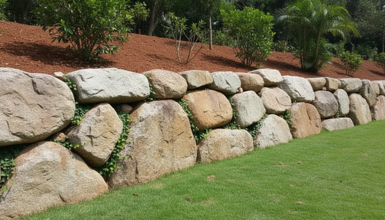 A heavy-duty landscape photograph of a retaining wall constructed from large, rugged Boulder rocks. The massive granite stones are stacked irregularly to hold back red soil in a terraced Bangalore garden, with creeping plants beginning to grow in the crevices.