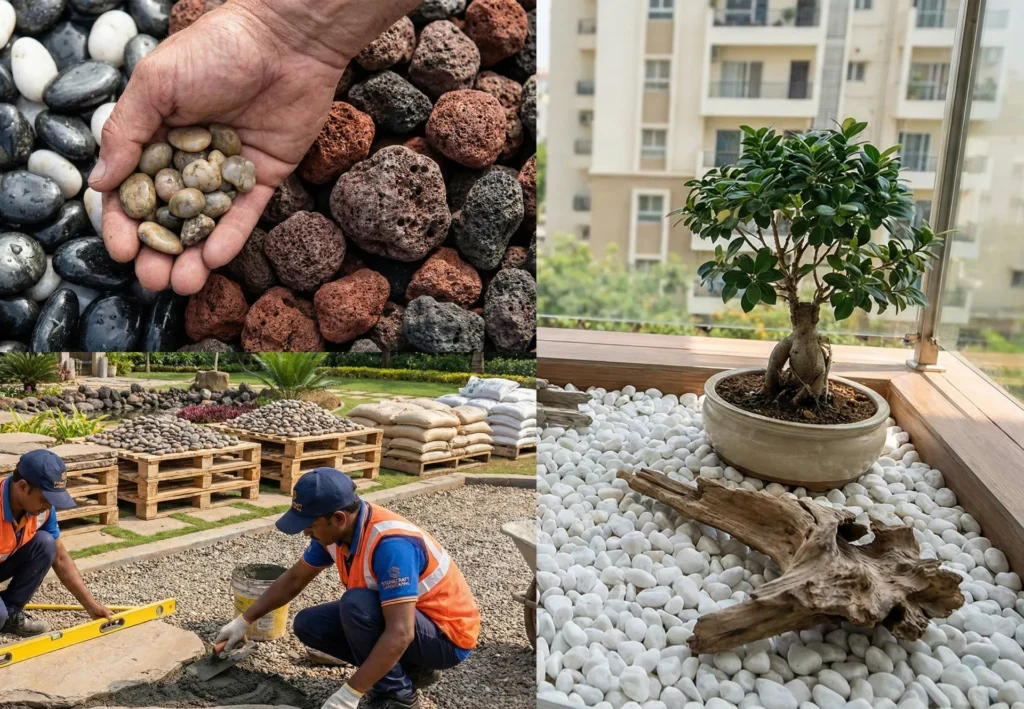 Professional Stone & Rock landscaping team installing a natural stone patio and garden pathway in Bangalore.