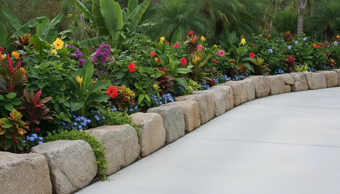 A garden photograph showing a driveway border defined by a line of medium-sized, roughly shaped granite Boulder rocks. The rocks separate a paved concrete area from a flower bed filled with colorful tropical plants.