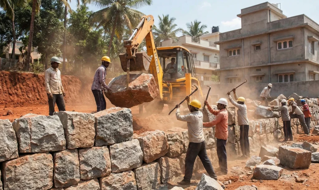 a group of workers building retaining wall constructed from large, rugged Boulder rocks in bangalore