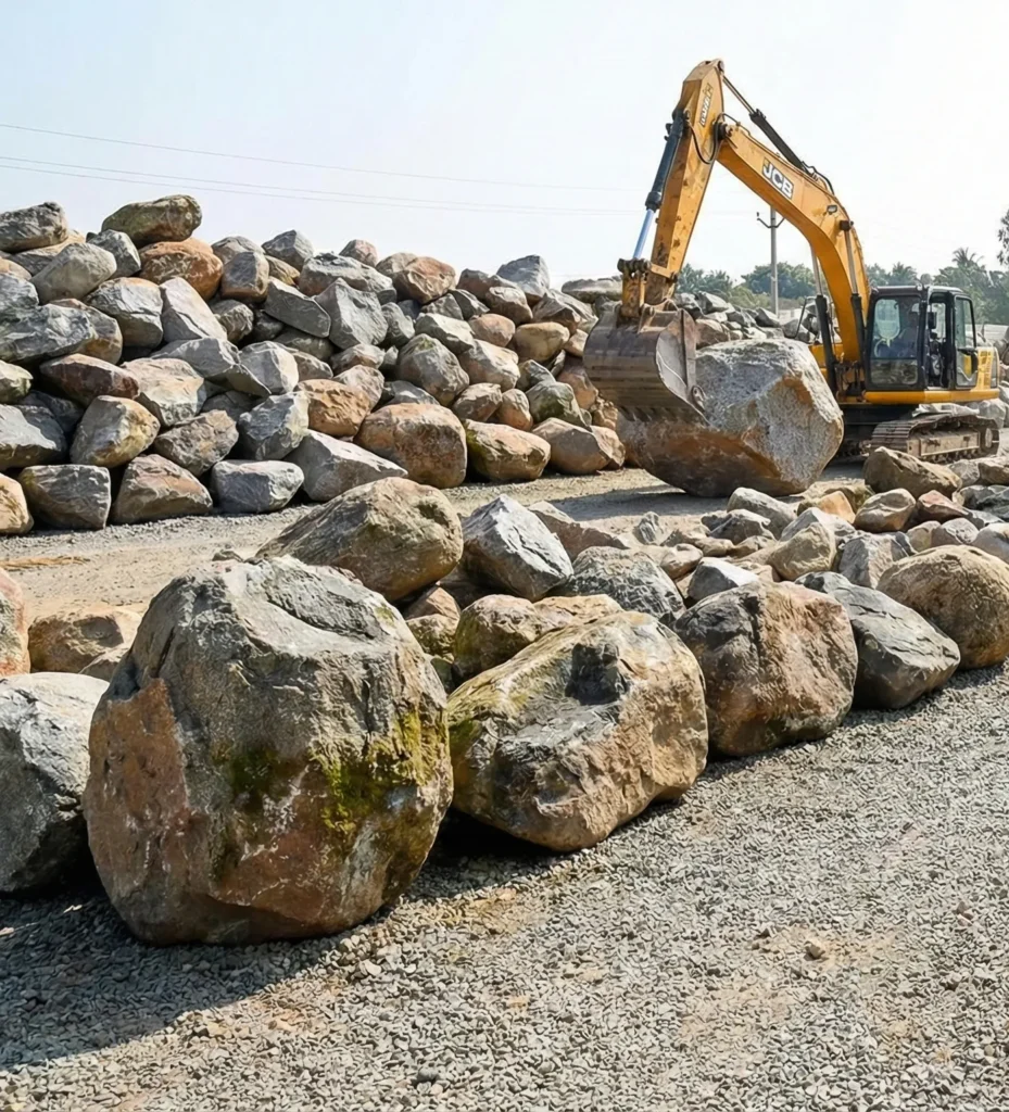 Boulder rocks yard excavator moving