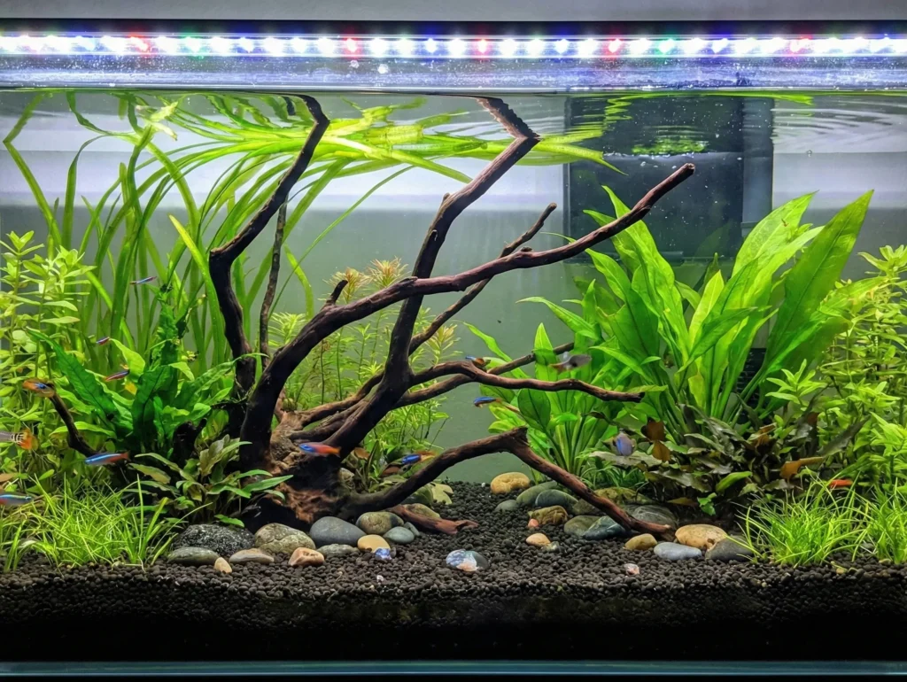 Custom aquascaping and indoor terrarium setup using natural spiderwood and premium aquarium stones.