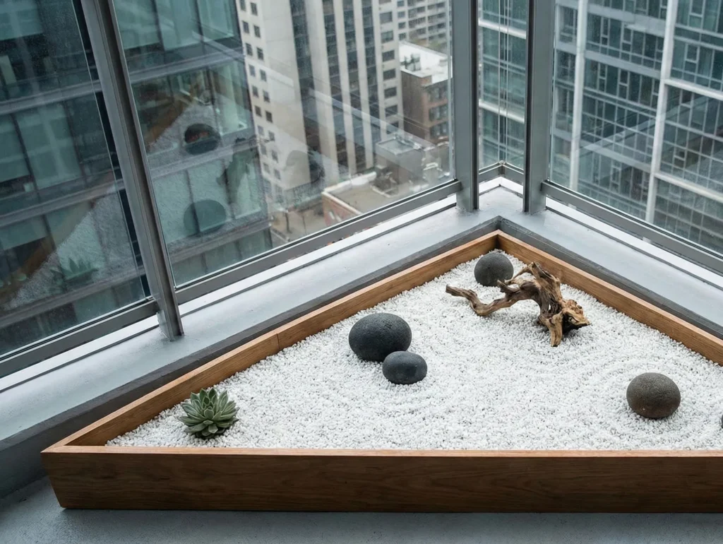 Zero-maintenance dry zen garden with white pebbles and driftwood designed for an apartment balcony.
