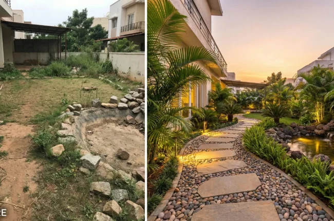 Overgrown and empty backyard space in a Bangalore home before professional natural stone landscaping renovation. Luxury natural stone landscaping in Bangalore featuring a river rock pathway, garden lighting, and tropical plants at sunset by Stone & Rock