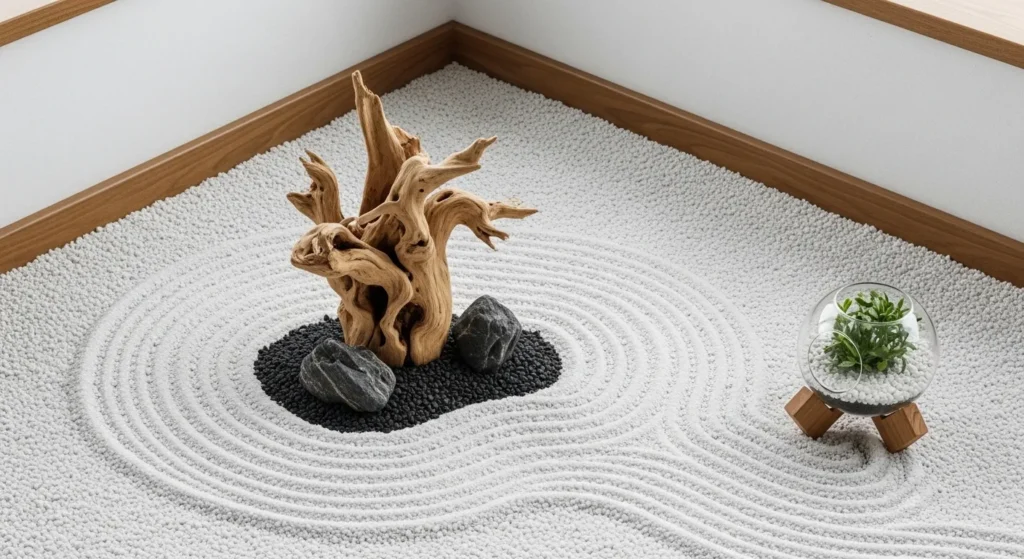 A minimalist, high-angle shot of a "Dry Zen Garden" corner on a modern balcony. Pristine white pebbles are raked in calming wave patterns around a central, sculptural piece of spiderwood and a few dark accent rocks. A small glass terrarium sits on a wooden stand nearby. The lighting is soft and natural, highlighting the textures of the wood and stone.