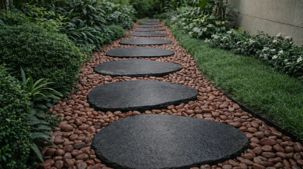 A modern outdoor landscaping project in Bangalore featuring durable stepping stones and a clean garden path design.
