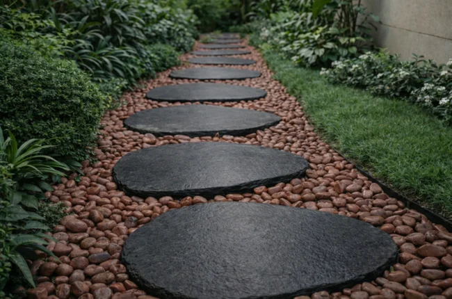 A modern outdoor landscaping project in Bangalore featuring durable stepping stones and a clean garden path design.