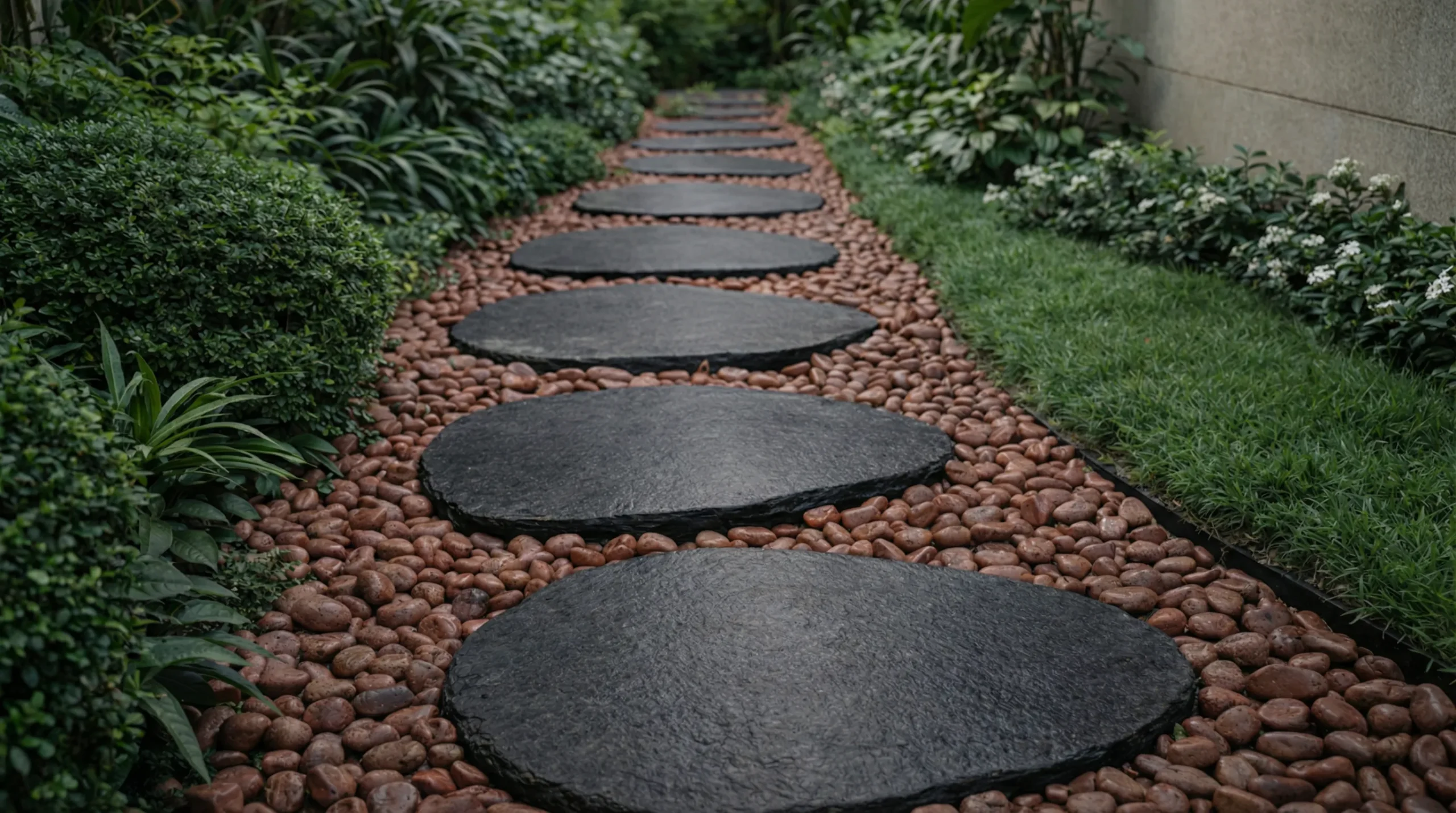 A modern outdoor landscaping project in Bangalore featuring durable stepping stones and a clean garden path design.