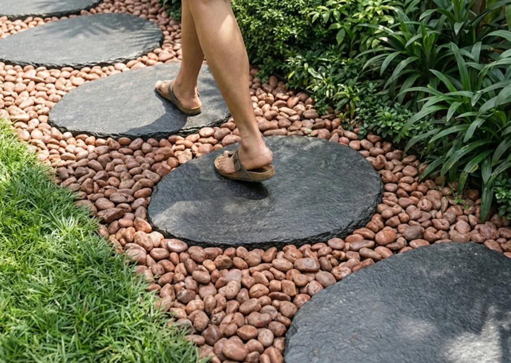 Person walking safely on flat, weather-resistant outdoor stepping stones in a landscaped garden.