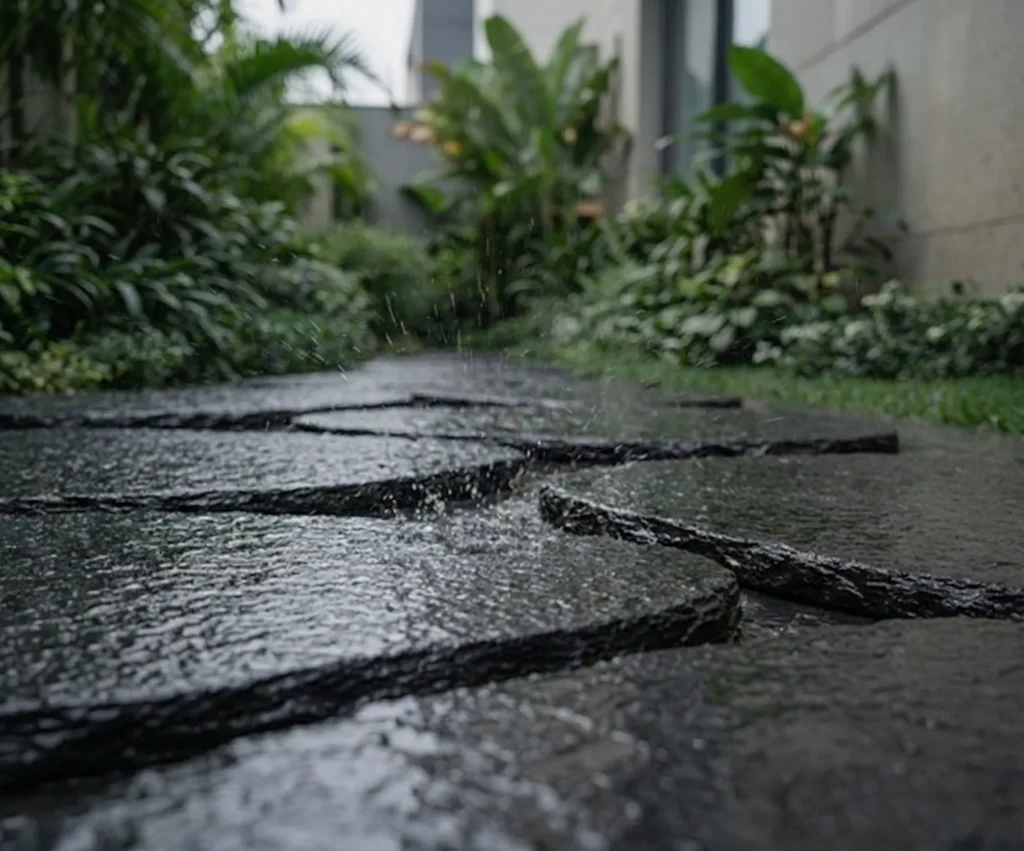Water splashing on weather-resistant pathway stones, demonstrating slip-resistance and durability during monsoons.