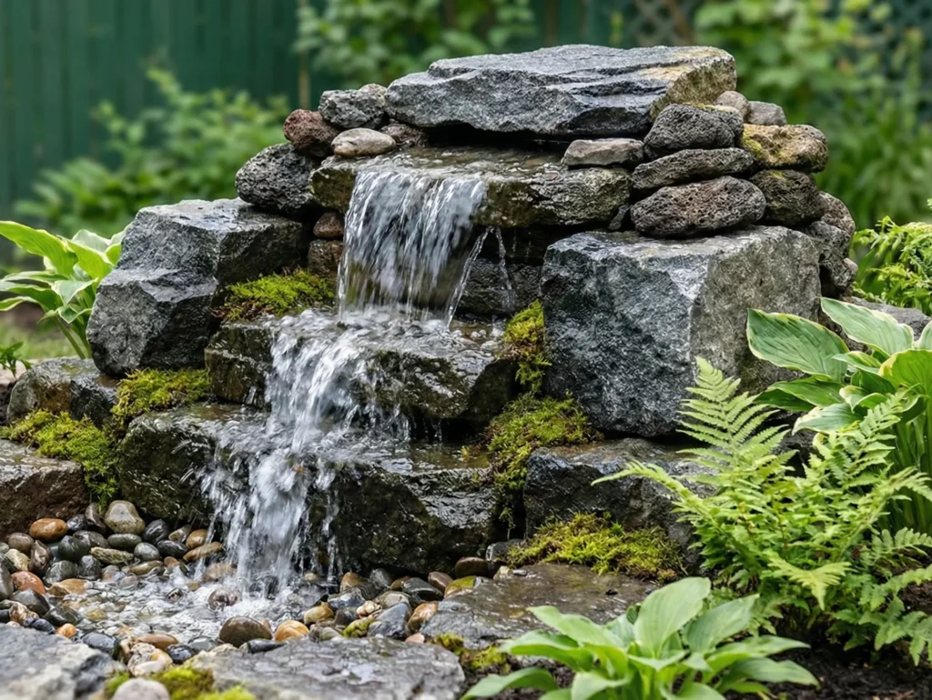 Custom natural rock water cascade and outdoor fountain built for a low-maintenance garden.
