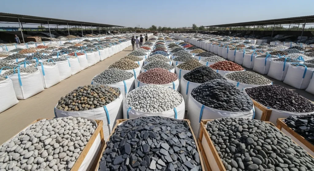 A wide-angle, commercial photography shot of a massive outdoor stone supply yard in Bangalore. Rows of large white bulk bags and wooden crates are overflowing with various colorful stones—polished pebbles, river rocks, and slate. The scene is bright and sunny, conveying the scale of a wholesale distributor. A few customers are visible in the distance inspecting the materials.