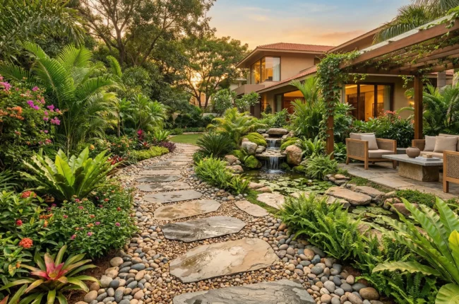 The image captures a beautifully designed garden setting featuring a winding pathway made of large, irregular natural slate stepping stones bordered by smooth, mixed river pebbles.