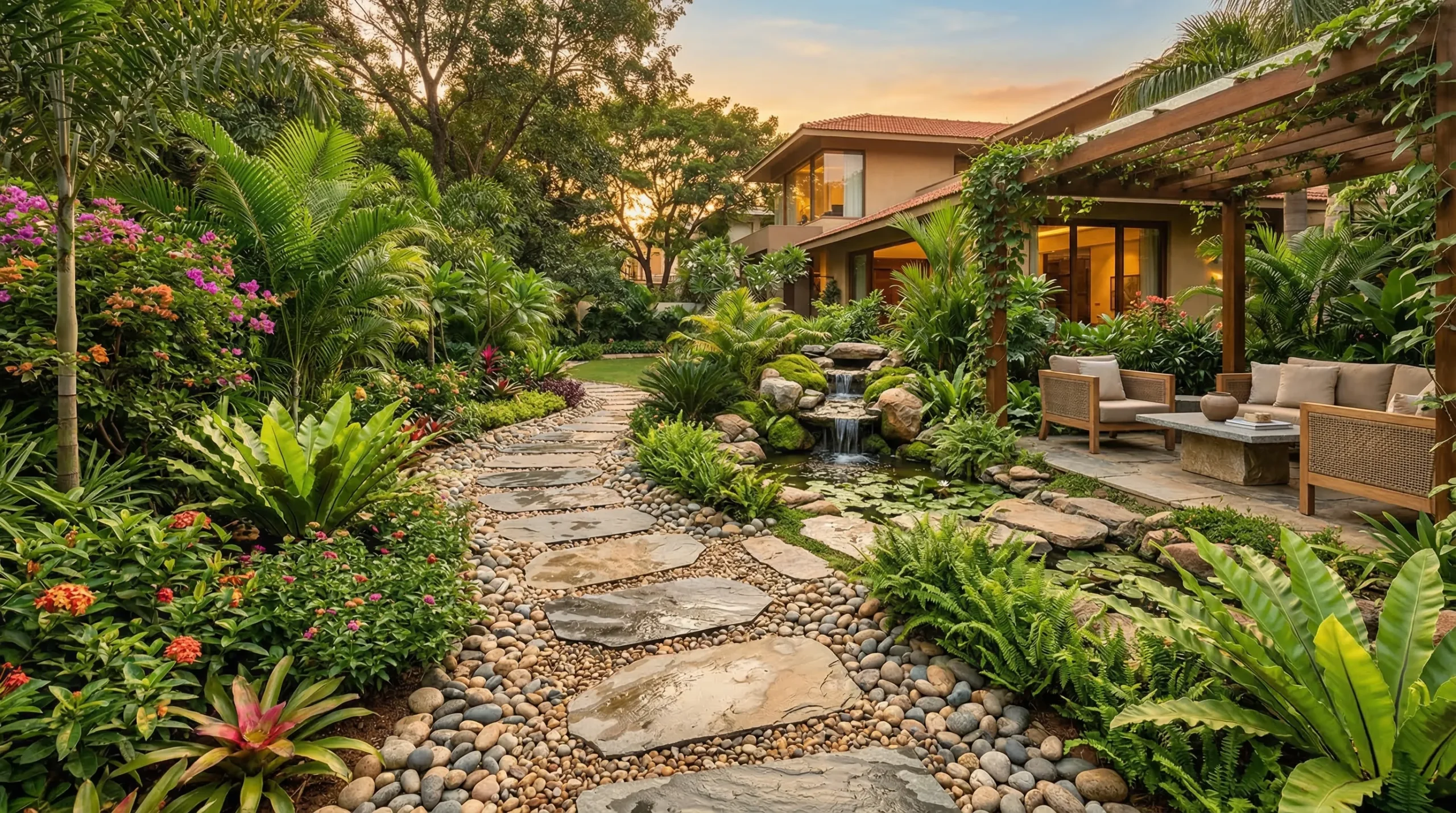 The image captures a beautifully designed garden setting featuring a winding pathway made of large, irregular natural slate stepping stones bordered by smooth, mixed river pebbles.