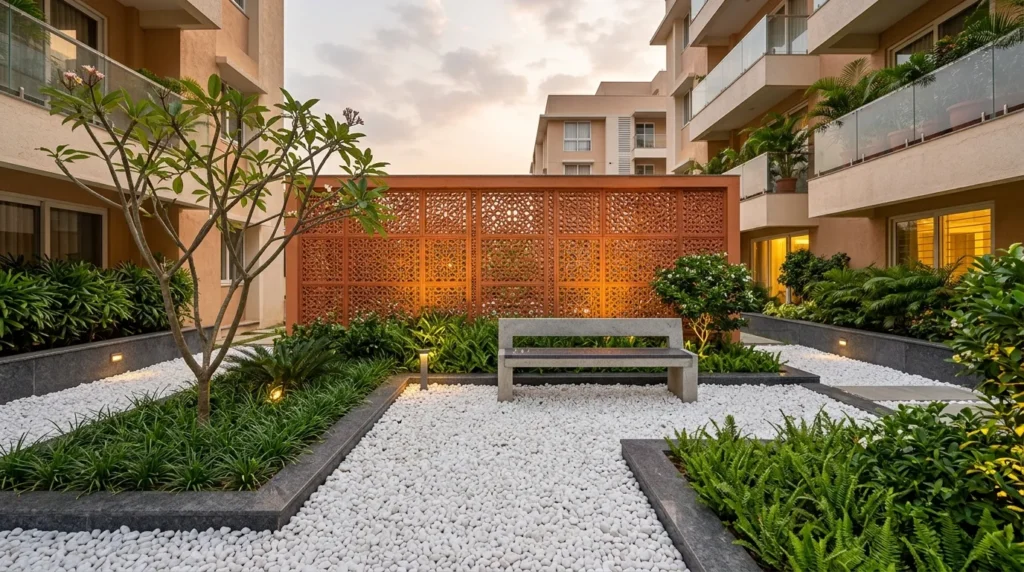 A low-maintenance modern garden courtyard featuring a pathway of pristine white marble pebbles and grey stone pavers with neatly arranged plants.