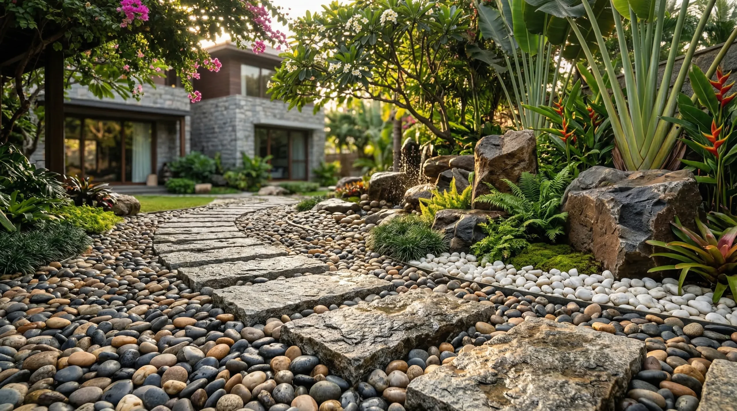 A beautifully landscaped luxury villa garden in Bengaluru featuring a winding pathway made of large natural stepping stones and smooth, mixed decorative pebbles by Stone & Rock Pebbles Distributors.