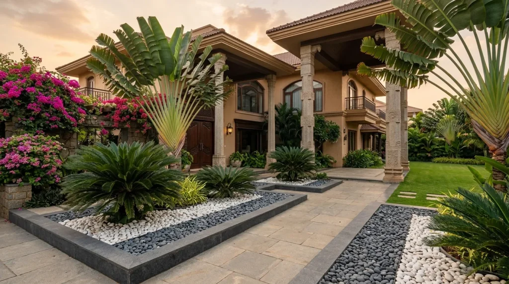 A beautifully landscaped luxury villa showcasing clean, defined planter borders filled with contrasting white and charcoal natural stones around tropical plants.