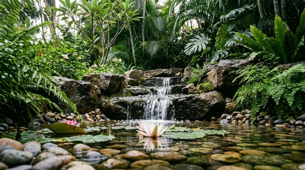 A tranquil garden water feature showing a natural rock waterfall cascading into a shallow pond neatly lined with smooth, colorful river pebbles.