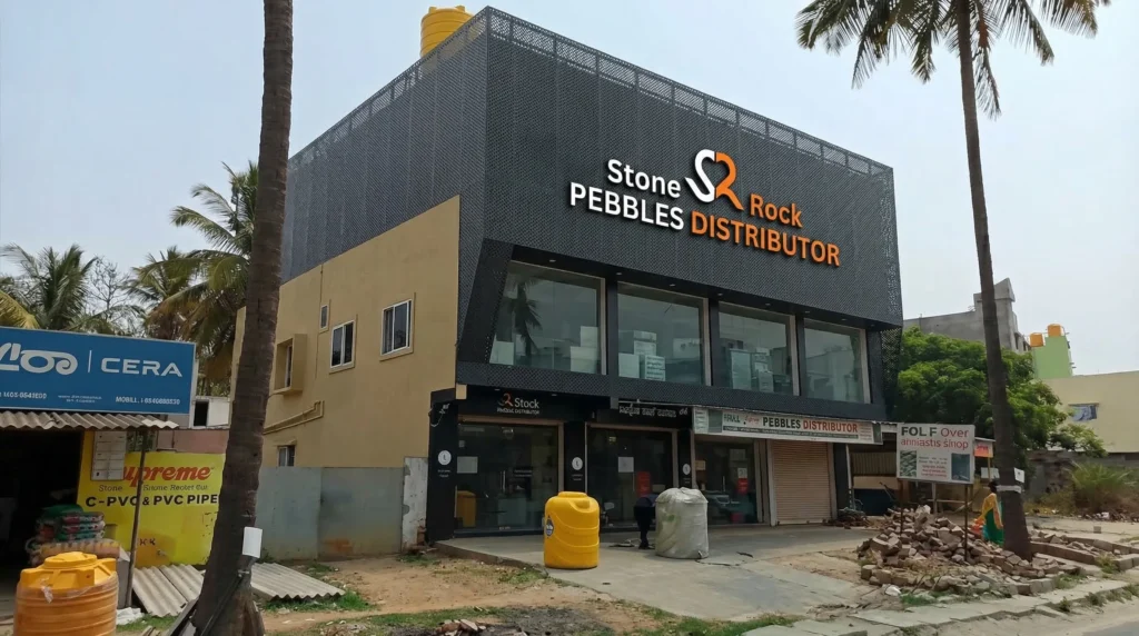 Stone & Rock Pebbles company building with clean, high-quality storefront and logo signage.