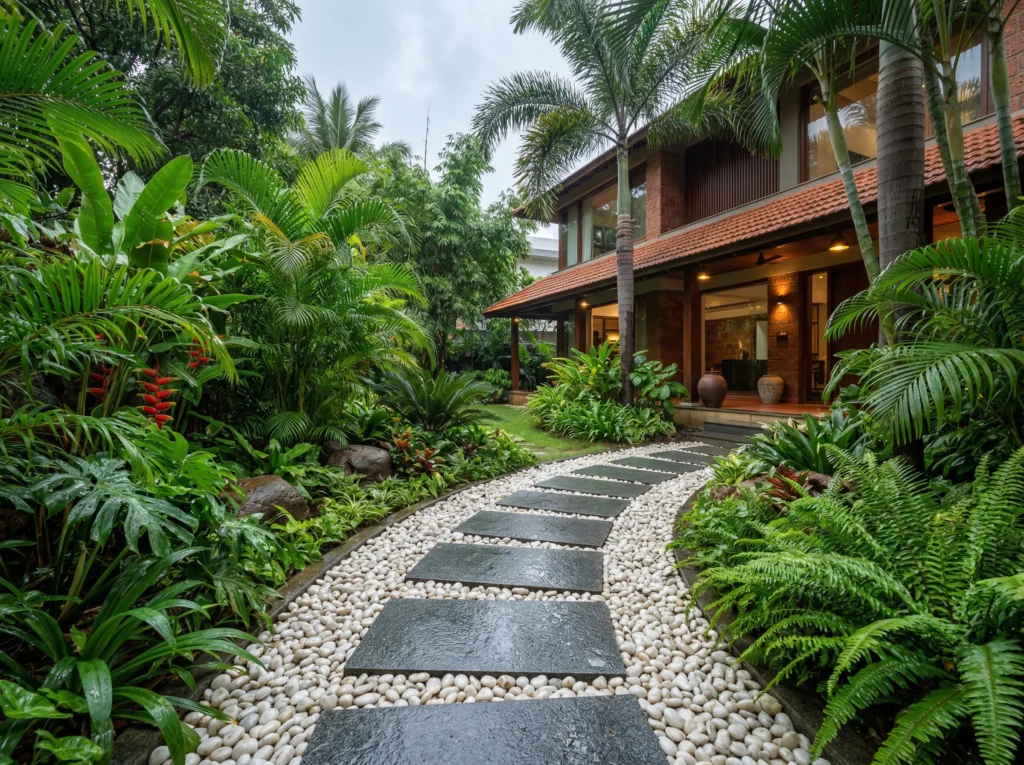 Weather-resistant stone garden walkway for Bangalore monsoon with natural pebble drainage system to prevent mud