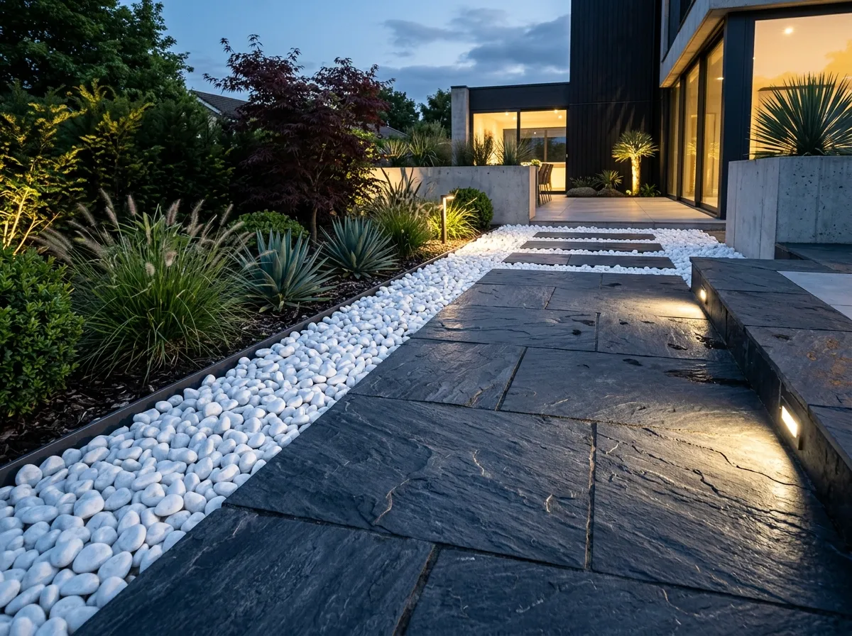Modern minimalist garden walkway featuring dark slate slabs and white decorative pebbles in Bangalore.