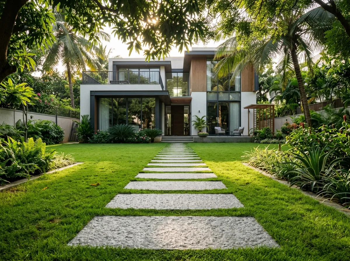 Natural granite stepping stones for modern garden pathways in Whitefield and Sarjapur villas.