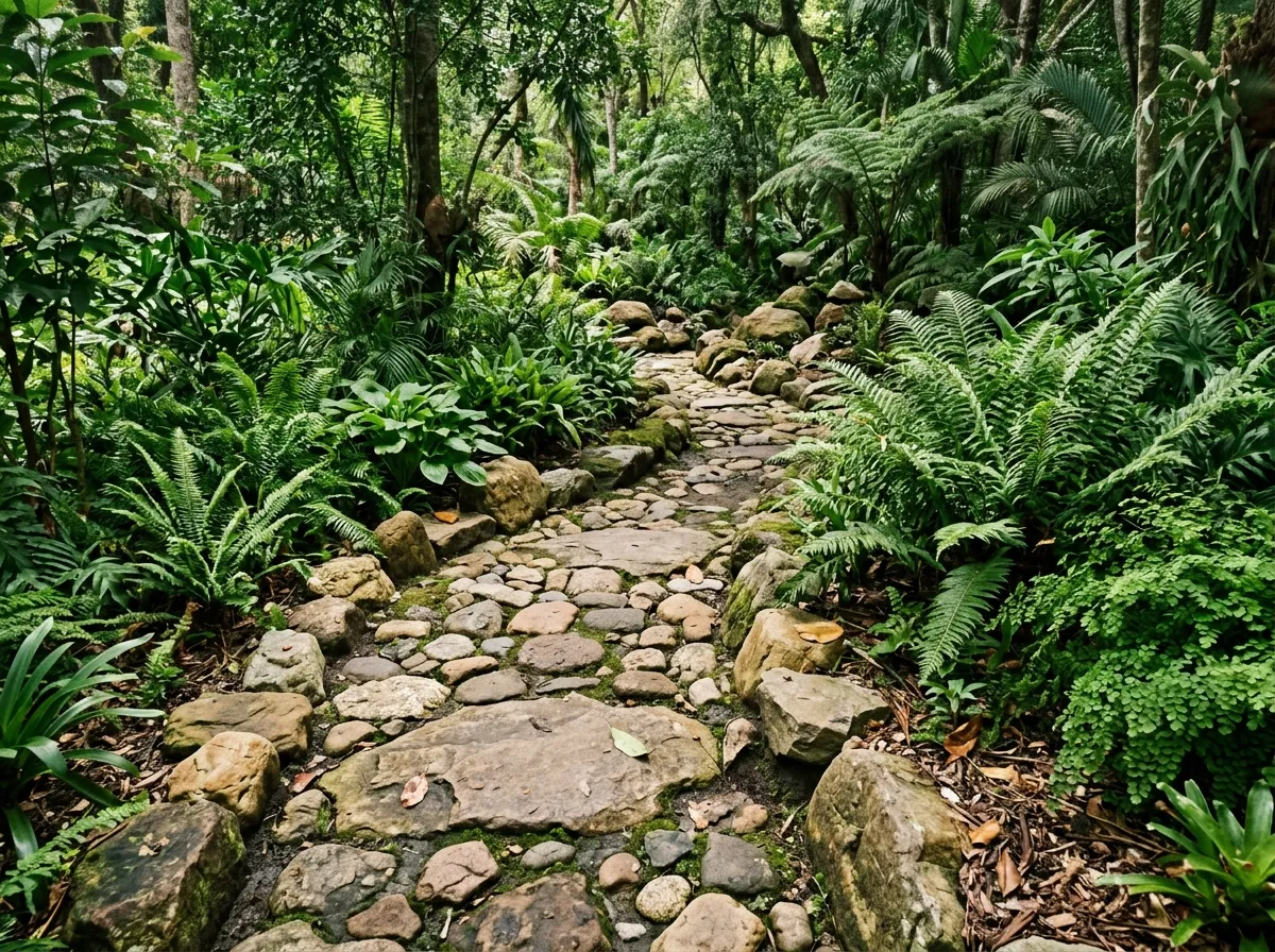 Rustic river rock garden trail and natural stone landscaping for large estates in Karnataka.