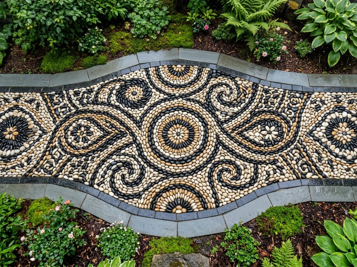 Decorative polished pebble mosaic walkway for luxury home landscape design in Bangalore.