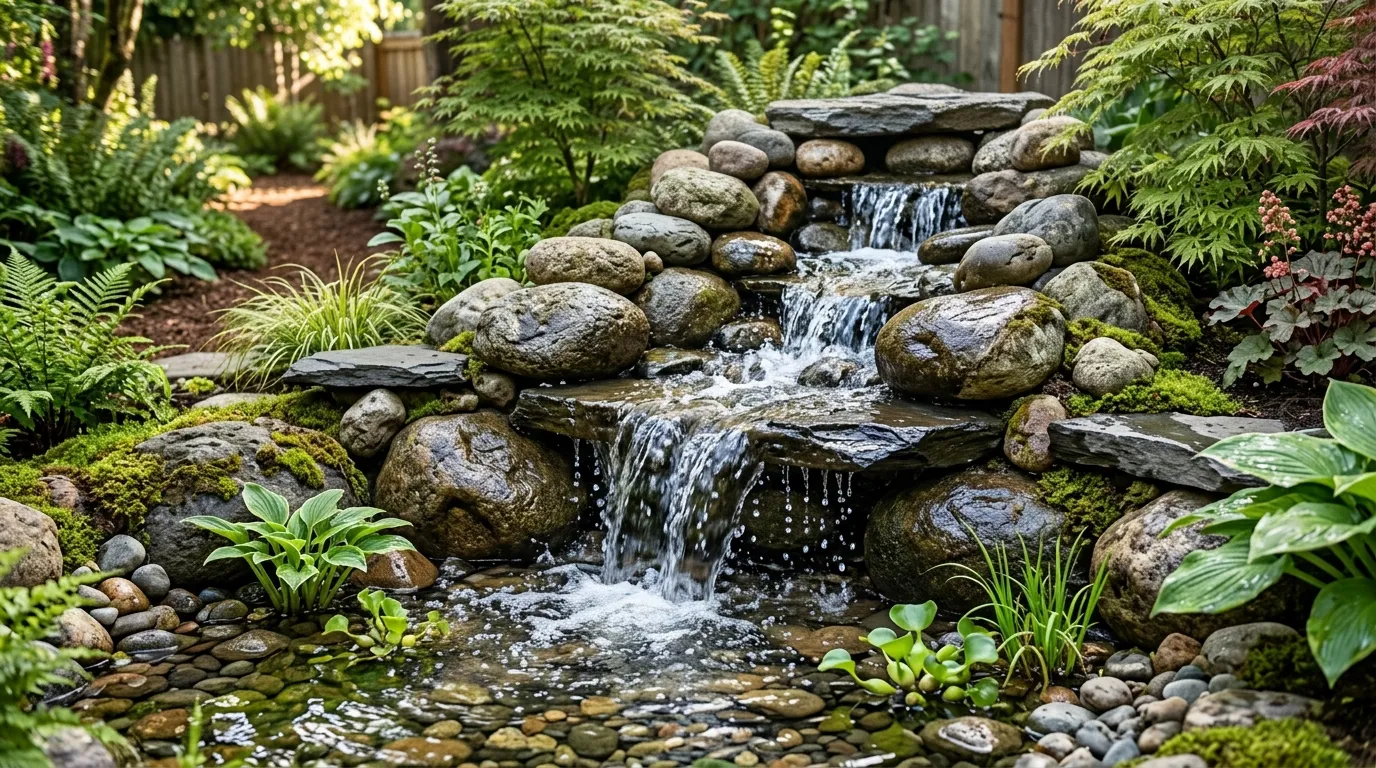 Handcrafted rock cascade water feature made of natural river stones for Bangalore homes.