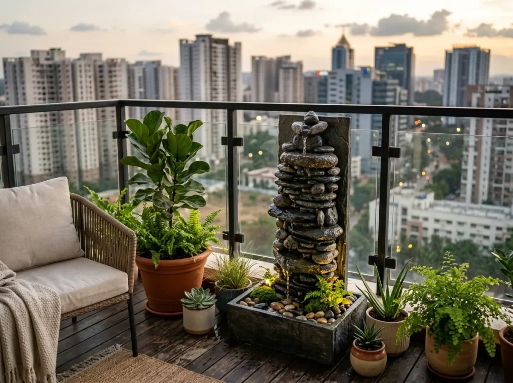 Space-saving vertical stone water fountain for Bangalore apartment balconies.