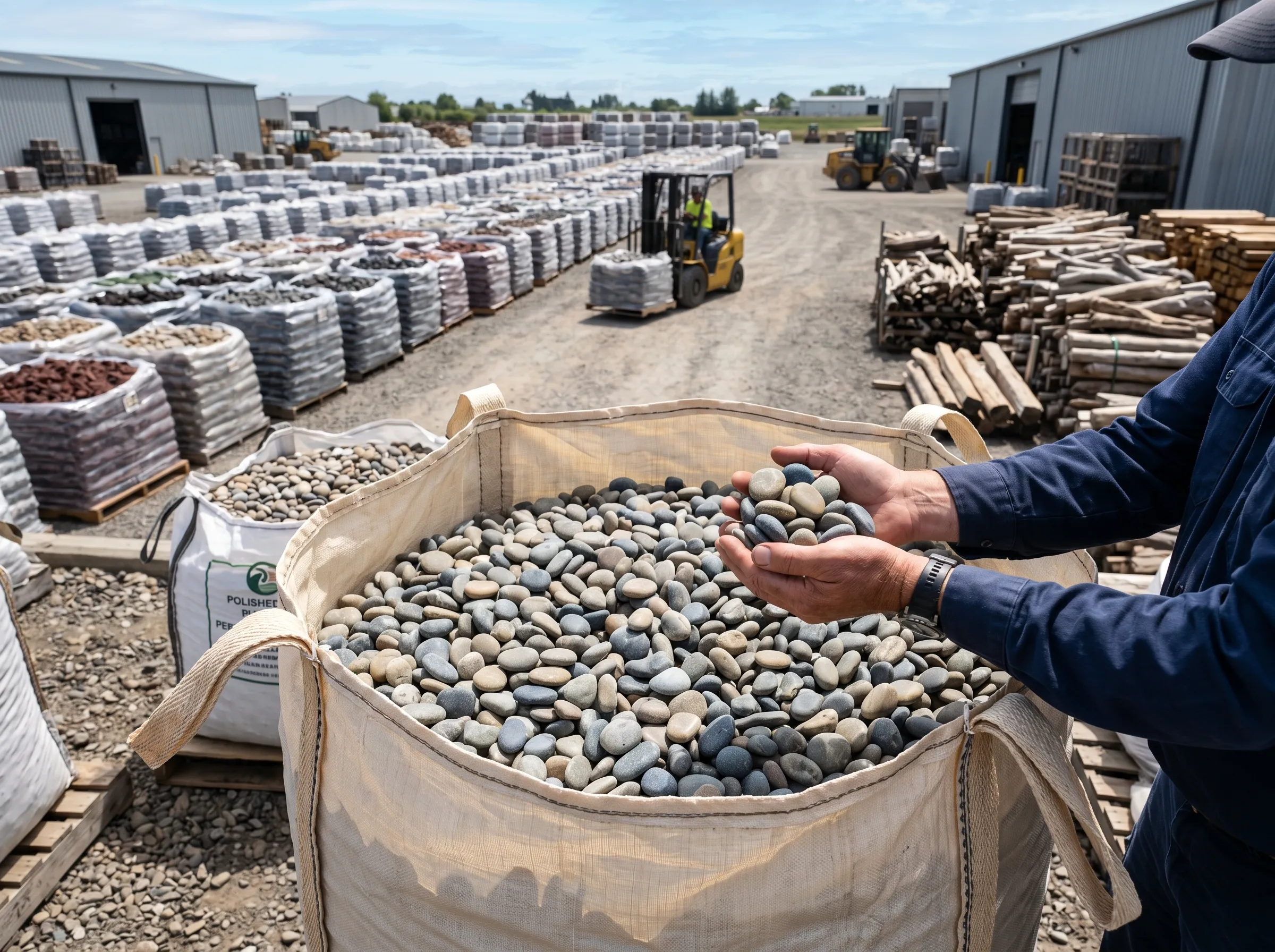 Quality control inspection of premium natural river pebbles at the Stone & Rock Pebbles wholesale distribution yard in Ramohalli, Bangalore.