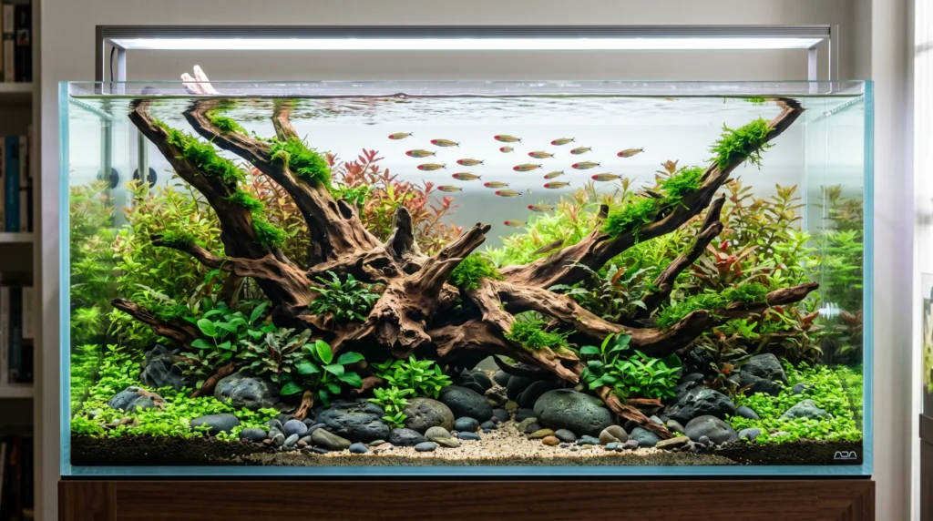 Premium aquarium driftwood and natural river rocks inside a beautifully aquascaped planted fish tank.
