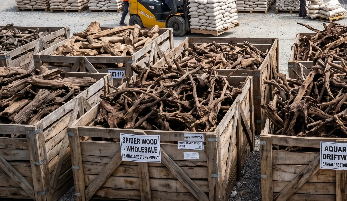 Wholesale bins of natural aquarium driftwood and spider wood at a Bangalore distributor yard.