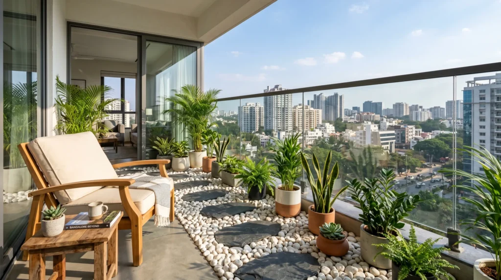 Modern balcony landscaping in Bangalore featuring white river rocks, slate stepping stones, and potted plants for a low-maintenance terrace garden.