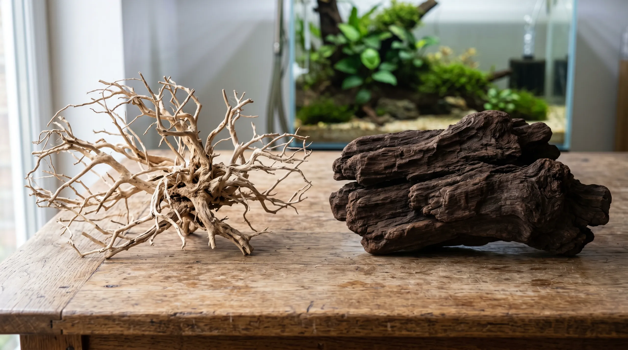 Close up comparison of branchy spider wood and dense Malaysian driftwood for aquariums.