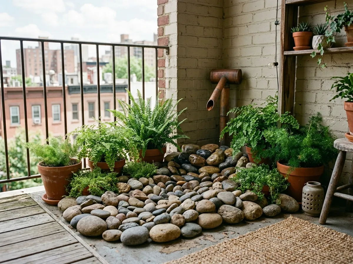 A balcony corner transformed into a dry creek bed using medium-sized smooth river rocks.