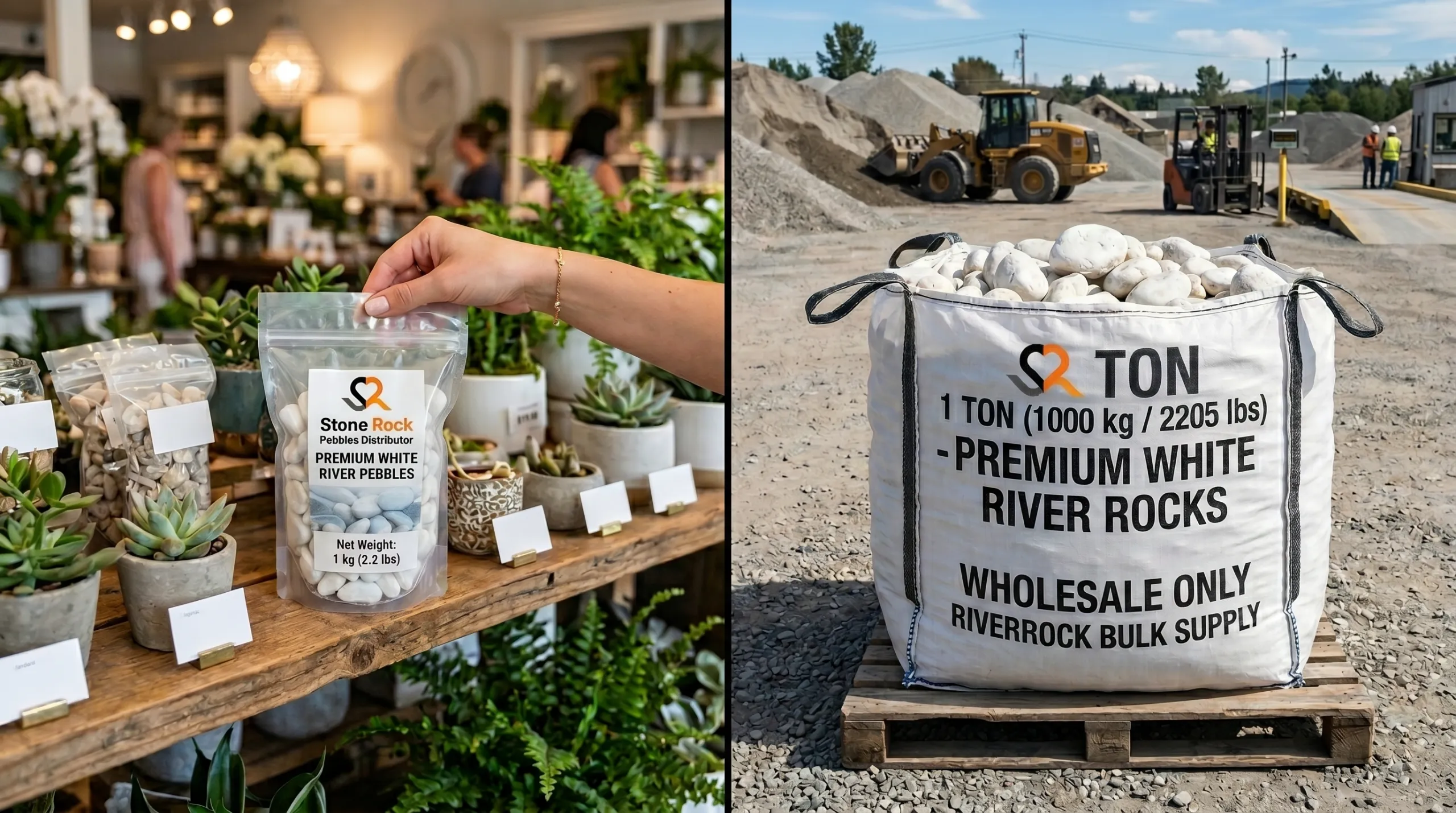 Comparing small retail pebble bags to massive wholesale bulk bags of garden stones.