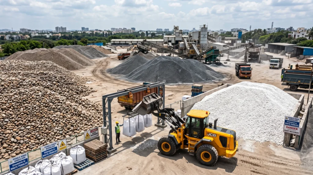 Heavy machinery loading bulk bags of garden stones at a wholesale pebble factory in Bangalore.