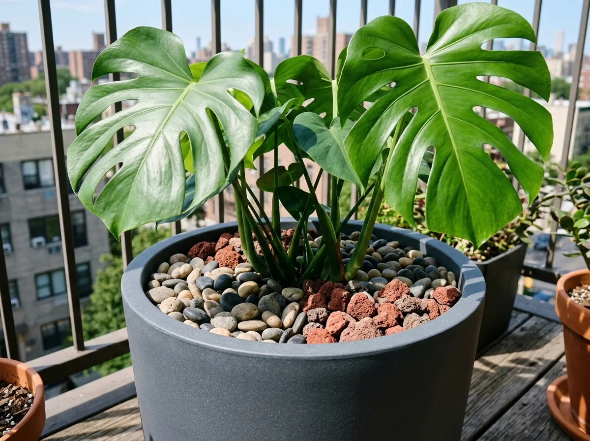Close up of a balcony plant pot using decorative pebbles and lava rocks as a mud-free soil mulch.
