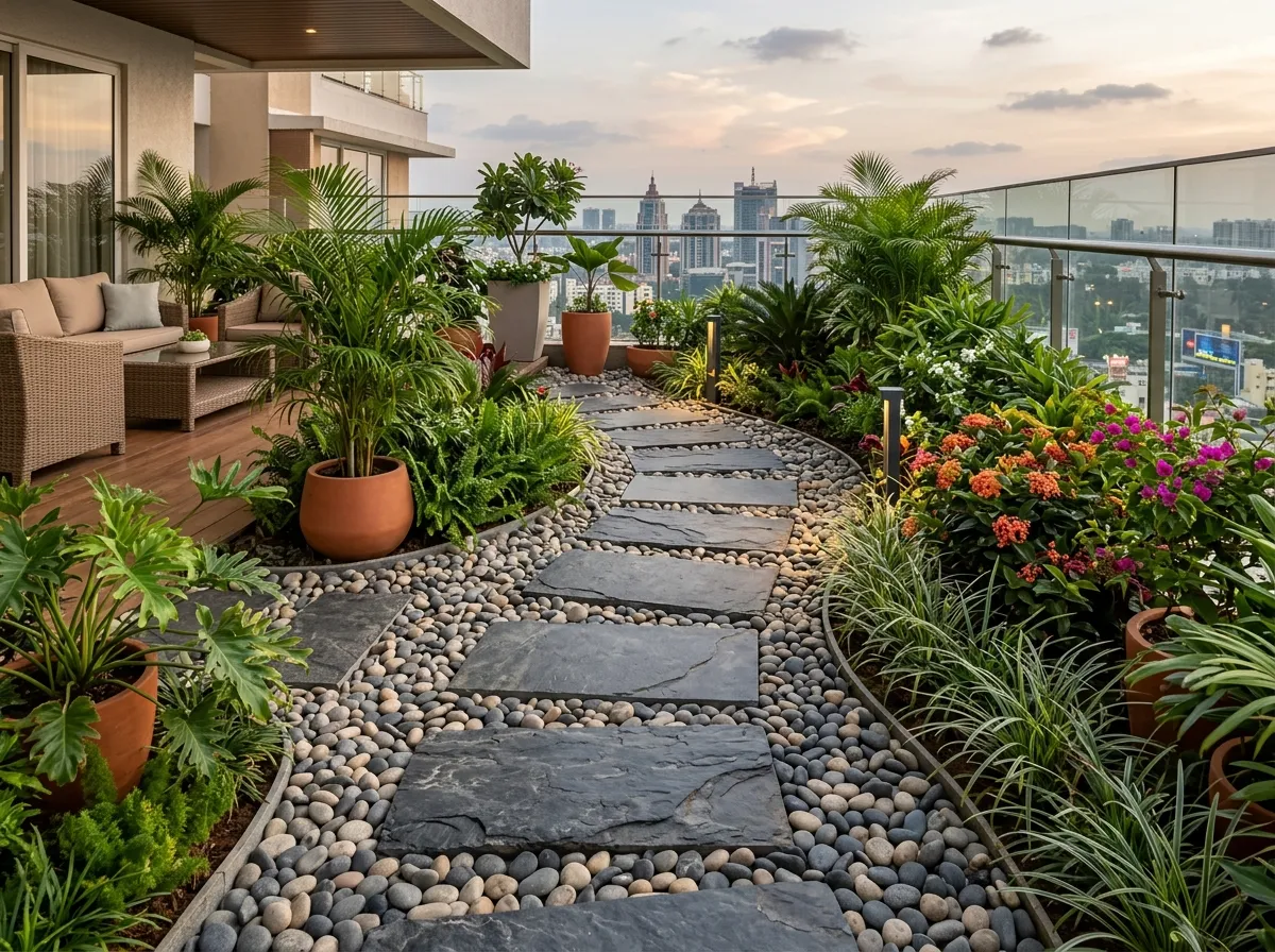 Dark slate stepping stones laid over polished pebbles on a Bangalore penthouse terrace.